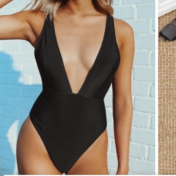 Zaful Other - Black one piece plunging neck cheeky swimsuit